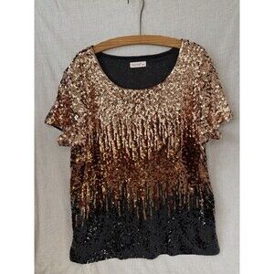 MANER Women's Size 4XL Gold & Black Sequin Top Short Sleeve Glam Shimmery Fancy